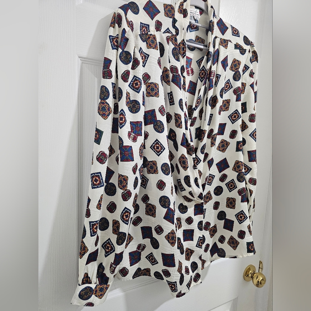 Westbound Vintage 80s Medallion Print Blouse Puffy Sleeve Crepe George
